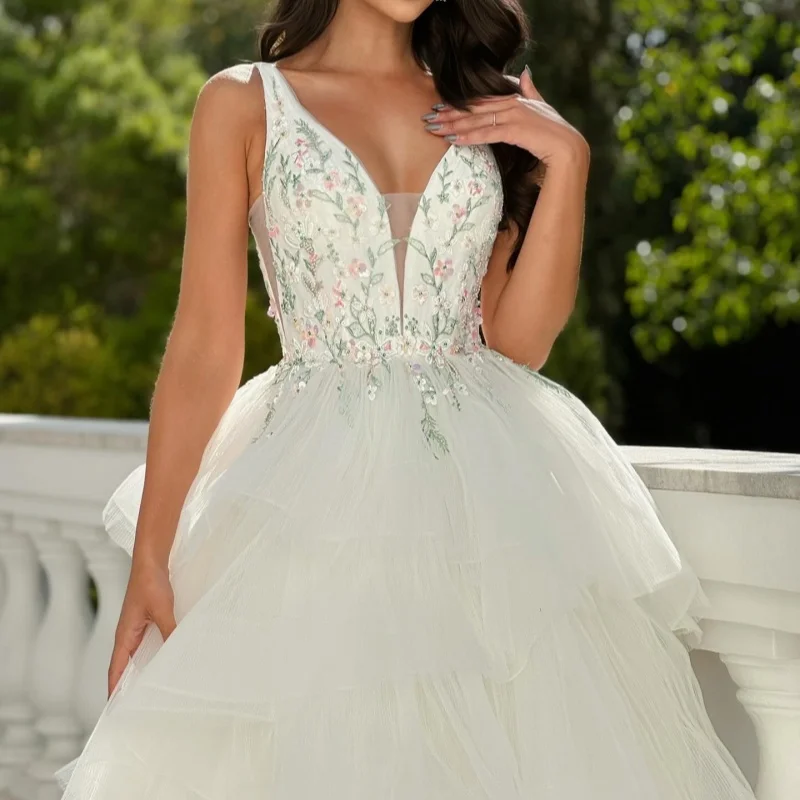 

Shiny white Evening Dress Sequined V-Neck Lace layering Formal Party Prom Flower decal Gowns Wear Gown Customized