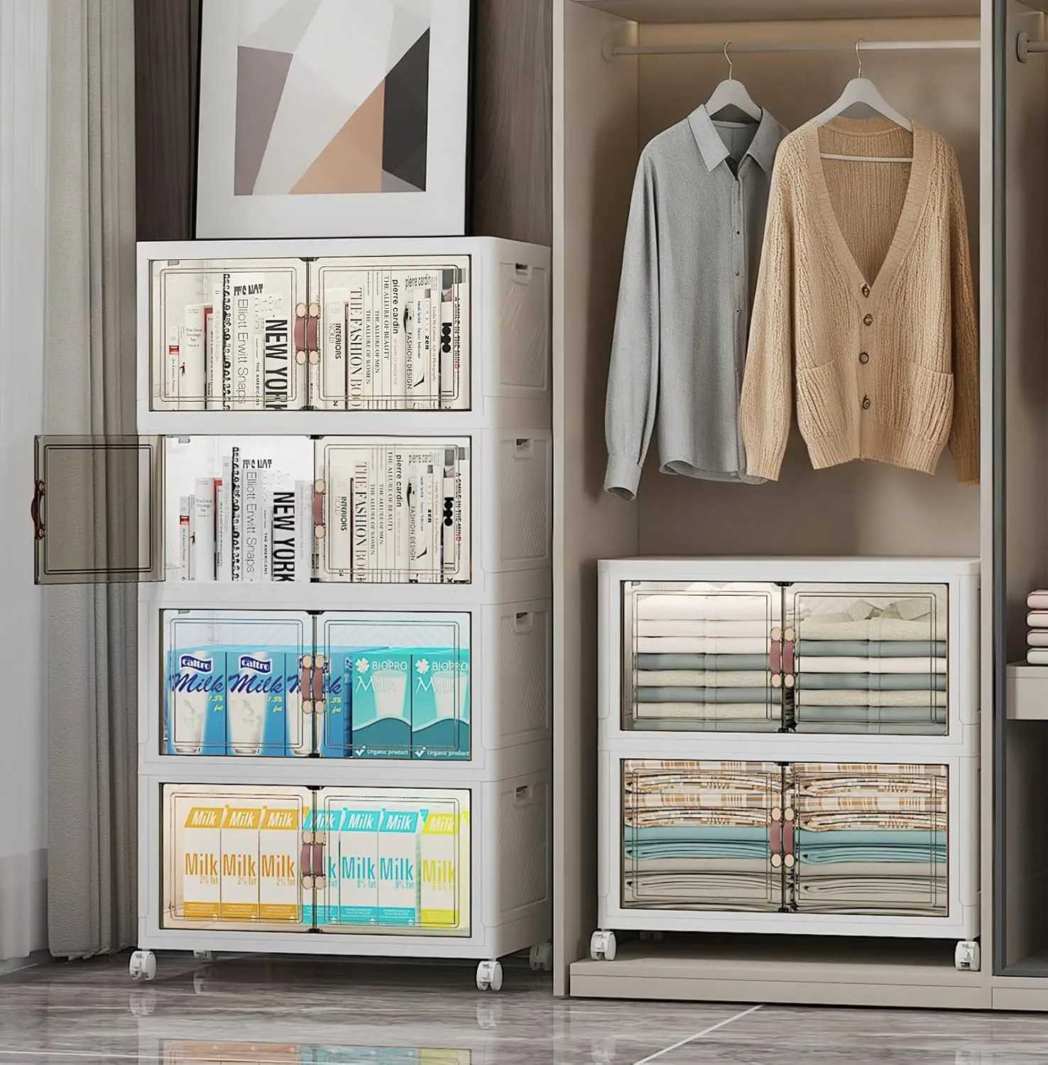 

Складные штабелируемые контейнеры для хранения с крышками, колесами и дверцей, 312QT-52QT/13GAL*6 шт., органайзеры для шкафа, пластик