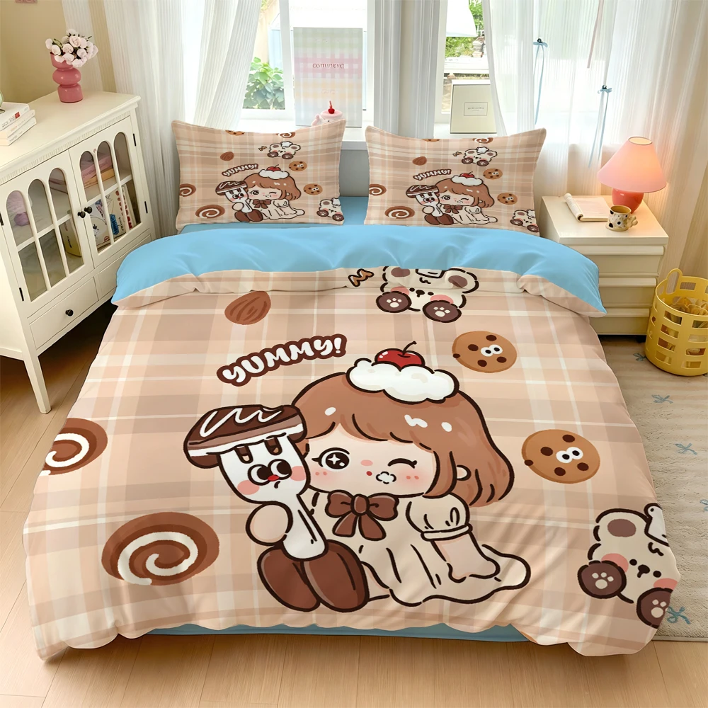 3/4Pc Digital Print Ultra-Soft Home Bedding Set Cartoon Healing Style Cute Girl Pattern Comfortable Breathable Bedding Set Home Bedding Single Duvet Cover Three-Piece Set Dormitory Bedding Four Seasons Use Duvet Cover+Pillowcase+Bed Sheet No Pillow Core or Quilt Core Included