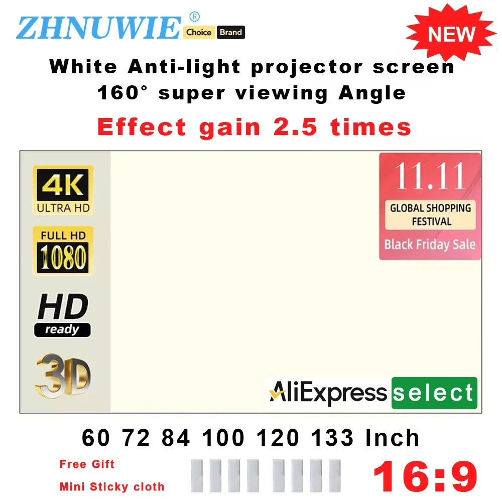 

Projector Screen 16:9 High Brightness Reflective Foldable White Grid Anti Light Curtain 100 120 133 150 Inch HD for Home Outdoor