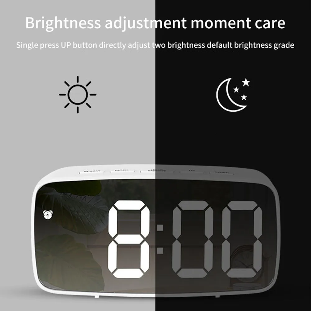Acrylic Digital Alarm Clock Mirror LED Display Voice Control Temperature Calendar Snooze Function 12/24H Dual Alarms Home Decor