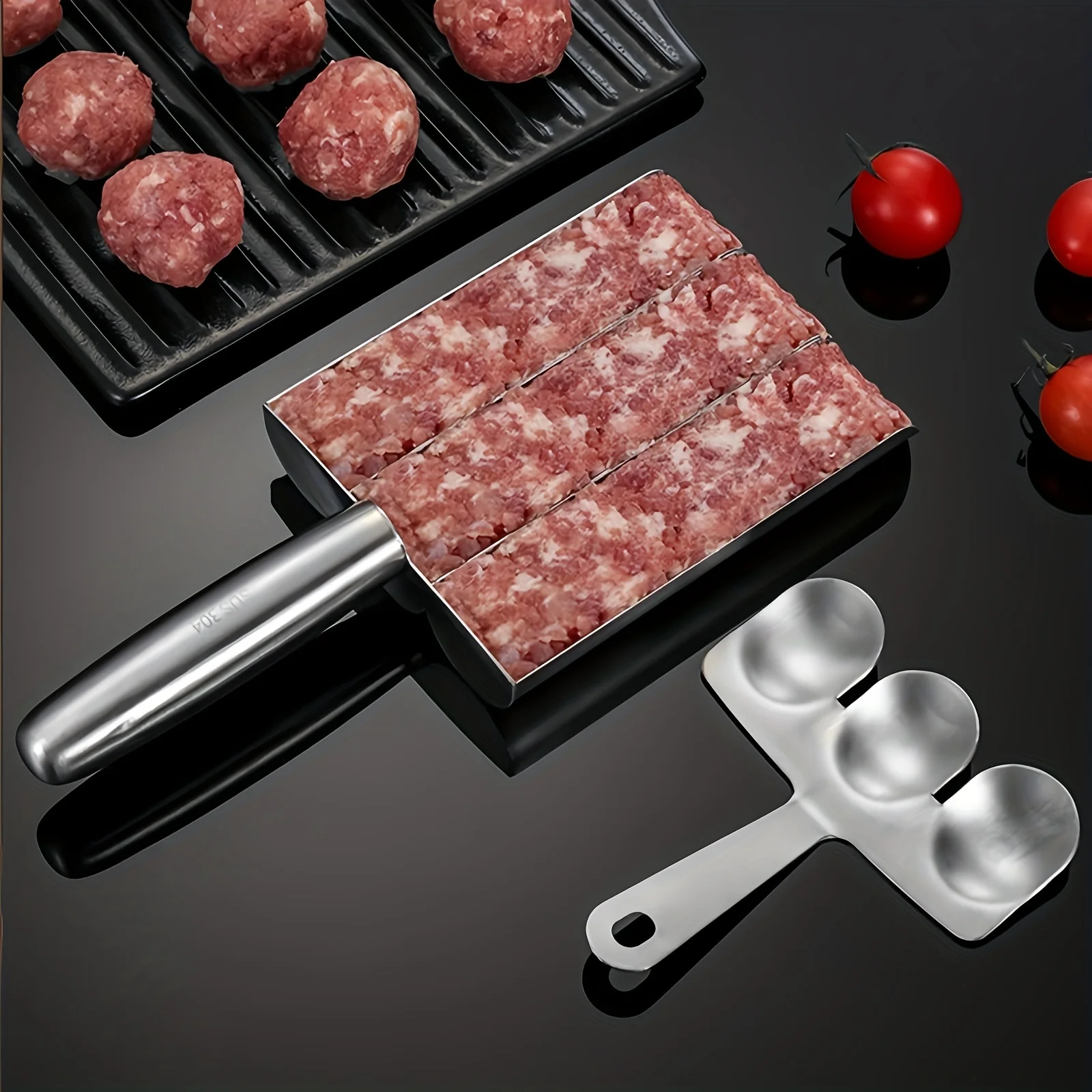 Stainless Steel Triple Meatball Maker Tool with Cutting Spoon Meatball Mold Set DIY Quick Meatball Prep Home Cooking Gadget