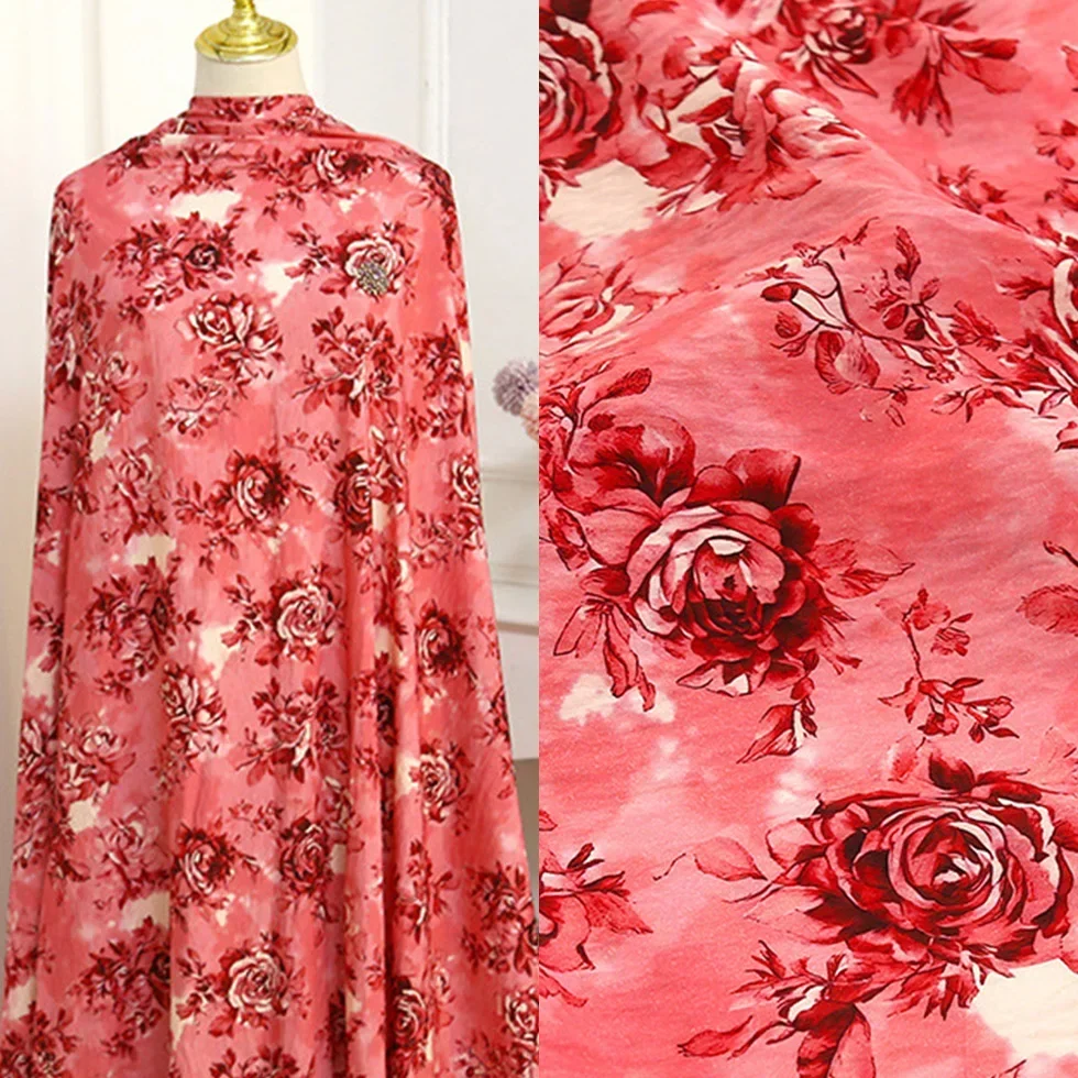 Big Red Flower Brocade Cotton Digital Printed Fabric New Chinese Fashion Cheongsam Dress Top Fabric DIY Handmade Fabric