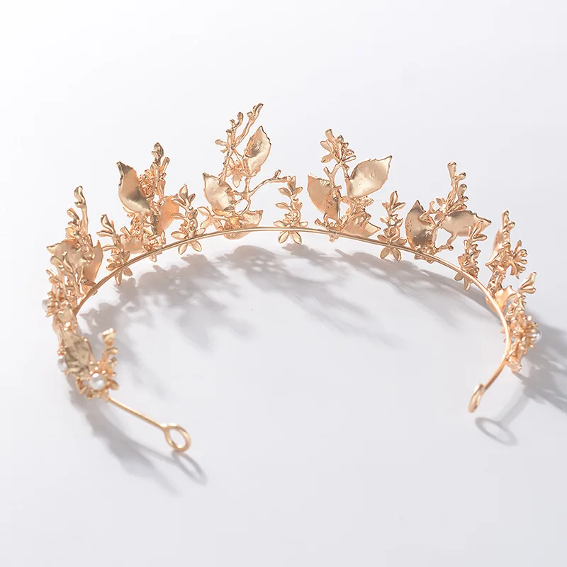 Baroque Retro Gold Color Leaf Branch Bridal Tiaras Crown Headband Shiny Pearl Rhinestone Pageant Diadem Wedding Hair Accessories