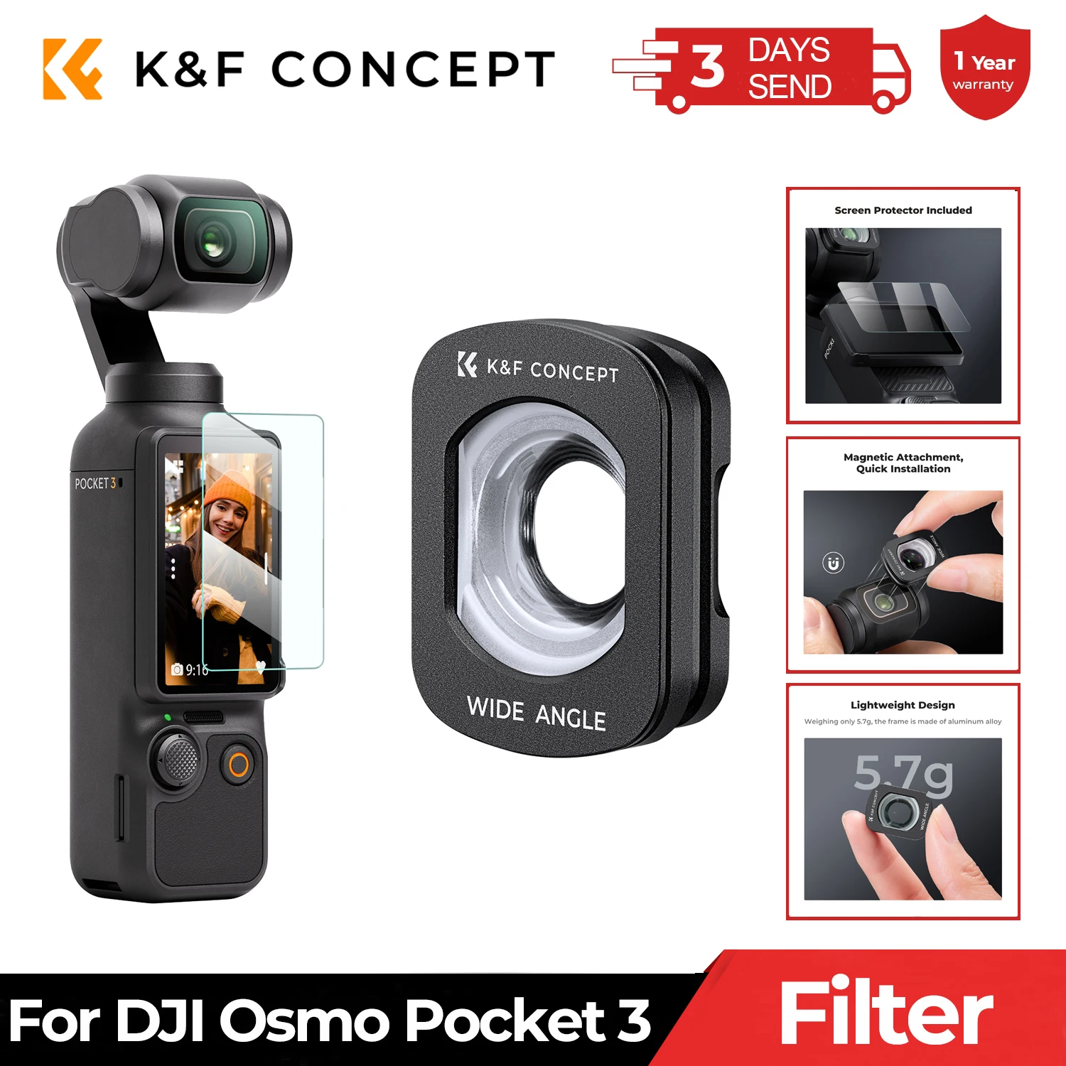 

K&F Concept Magnetic Wide-angle Filter for DJI Osmo Pocket 3 Accessories Protection Action Camera Lenses 28 Multi-Layer Filters