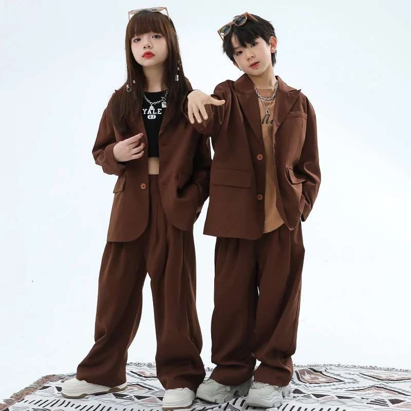 Jazz Dance Suit For Kids Hip-hop Clothes Street Dance Costume Long Sleeve Top Pants Coffee Vest Suit Stage Outfit Wear DQL10069