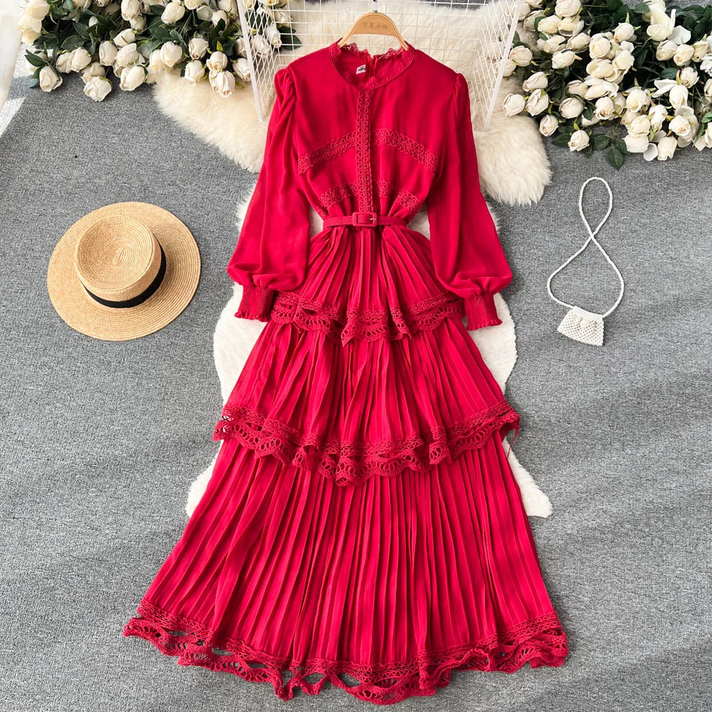 Vestido feminino de renda vintage plissado em camadas, chique moda a linha A, vestidos de manga longa, elegante, primavera, outono