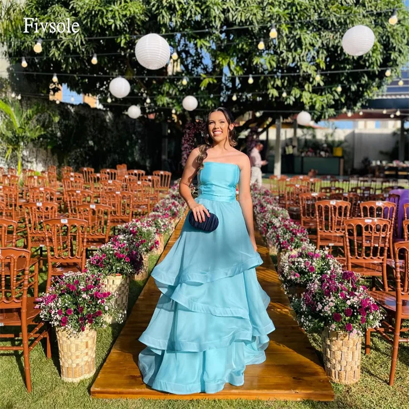 

Fivsole Maxi Turquoise Strapless A Line Prom Gowns Tiered Party Gown Floor Length Evening Dress vestido de gala Customized