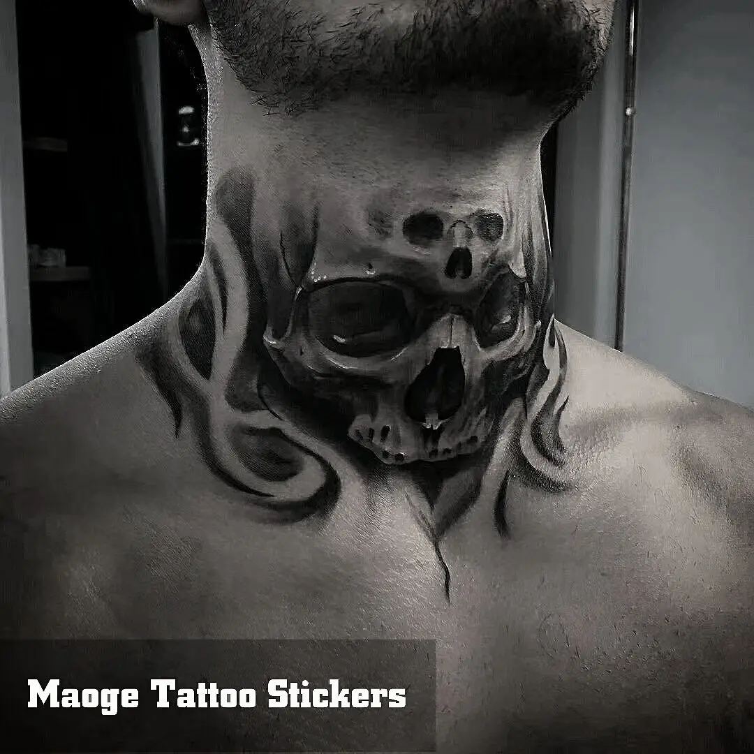 Impermeável Gothic Skull Tattoo Adesivos para Homens, Tatuagens de Pescoço Falso, Punk, Duradoura, Falso, Pescoço