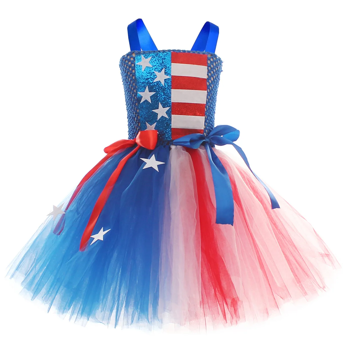 Girls Tutu Dress Suit American Flag Sequin Bow Costume USA Independence Day Stars  Carnival Holiday Outfit Patriotic Clothes