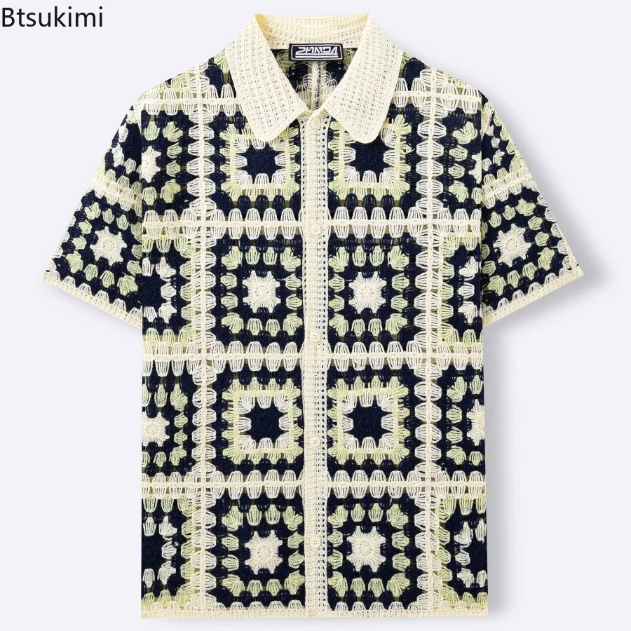 Retro Ethnic Style Men's Summer Crochet Shirt Street Fashionable Hollow Knitted Polo Shirt High-quality Jacquard Cardigan Top