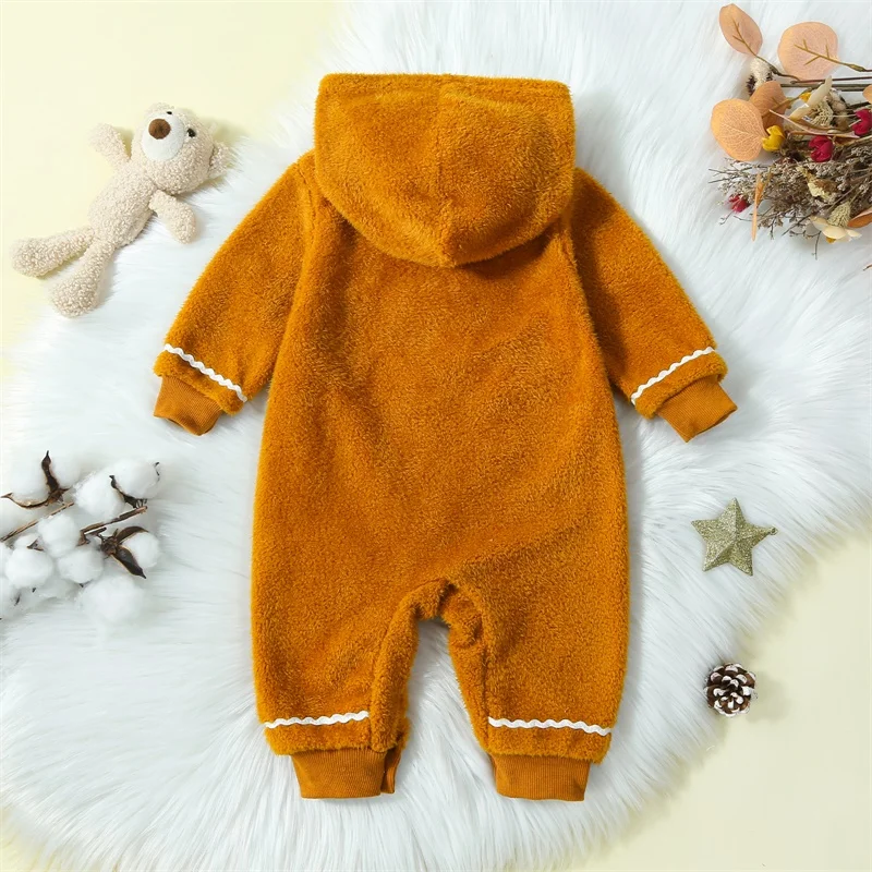 0-24 Months Baby Boys Girls Christmas Fuzzy Jumpsuit Gingerbread Man Cute Hooded Romper Fall Winter Warm Clothes