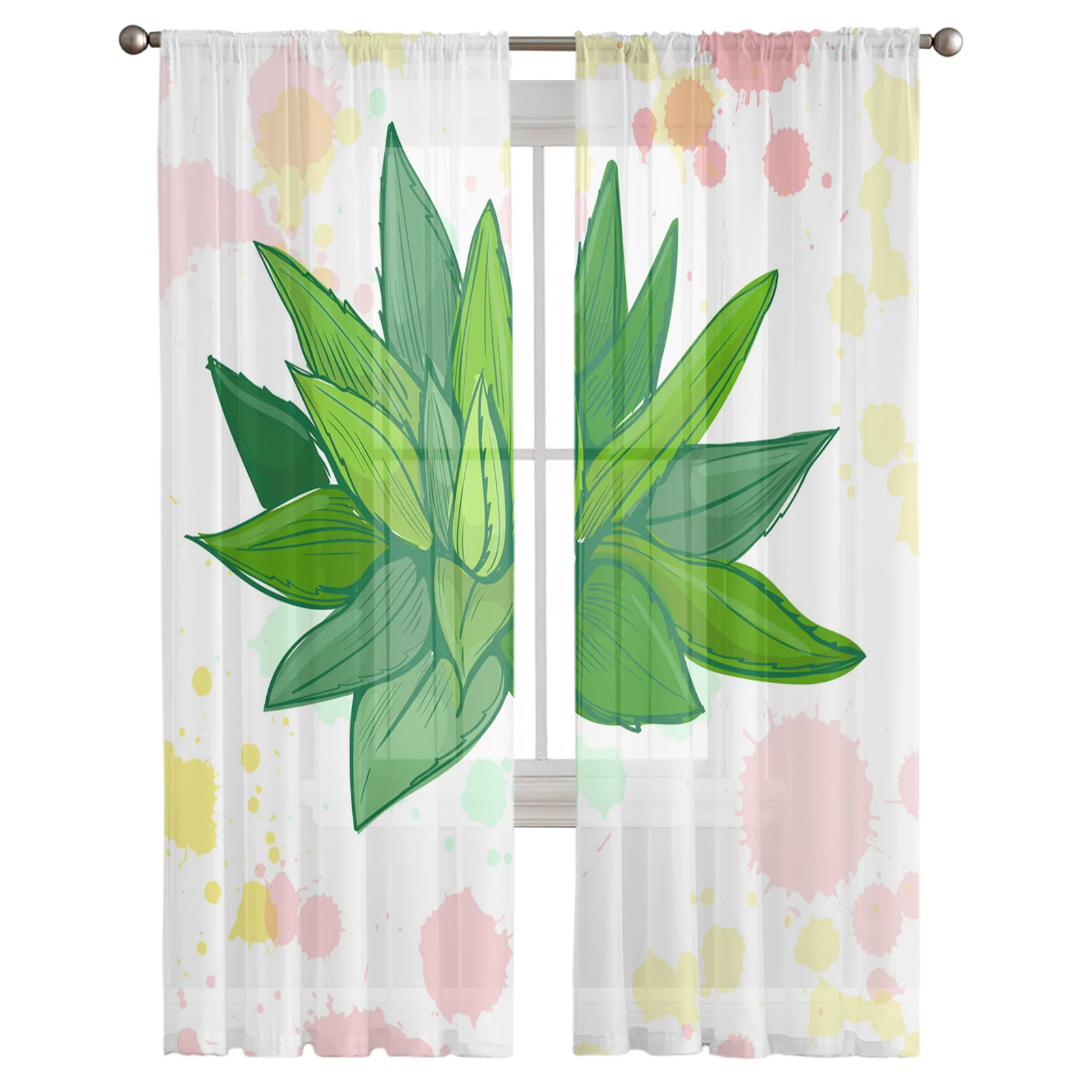 Green Leaf Plant Doodle Tulle Curtain for Living Room Bedroom Windows Modern Sheer Drapes for Balcony Decor