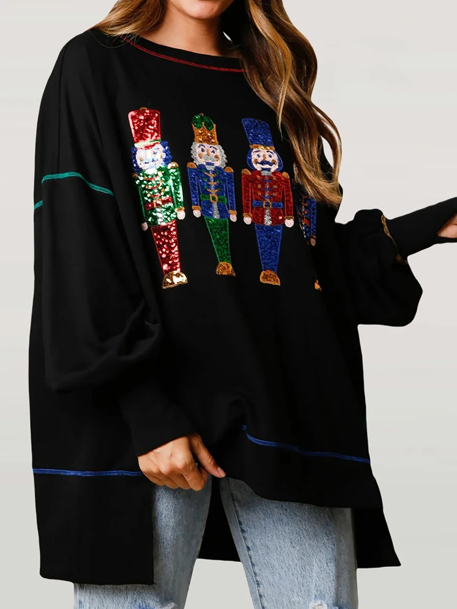 Women Y2k Nutcracker Graphic Sweatshirt Sequin Christmas Sweater Nutcracker Shirt Crewneck Long Sleeve Pullover Jumper Tops