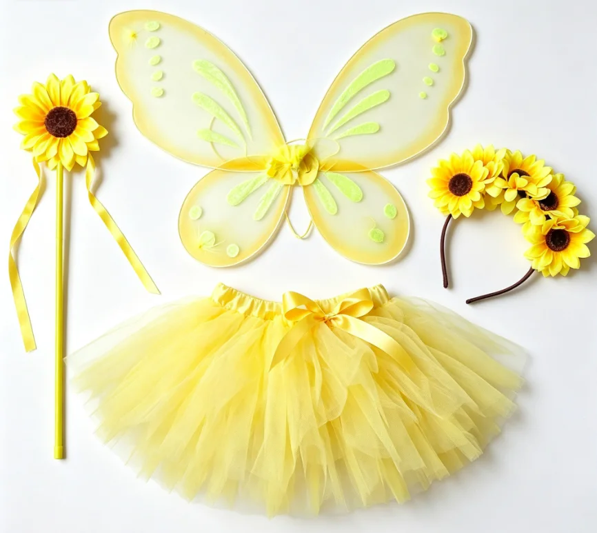 Kid Yellow Elegant Sunflower Ballet Skirt With Floral Headband Wand Fairy Wing Outfit Holiday Theme Party Daily Casual PhotoWear