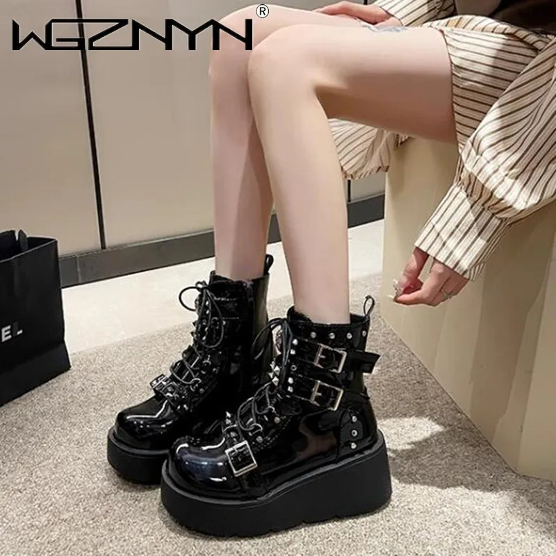 2024 Damskie buty na koturnie i wysokim obcasie Metal Decor Buckle Punk Platform Women Boots Party Gothic Street Woman Shoes Knight Boots