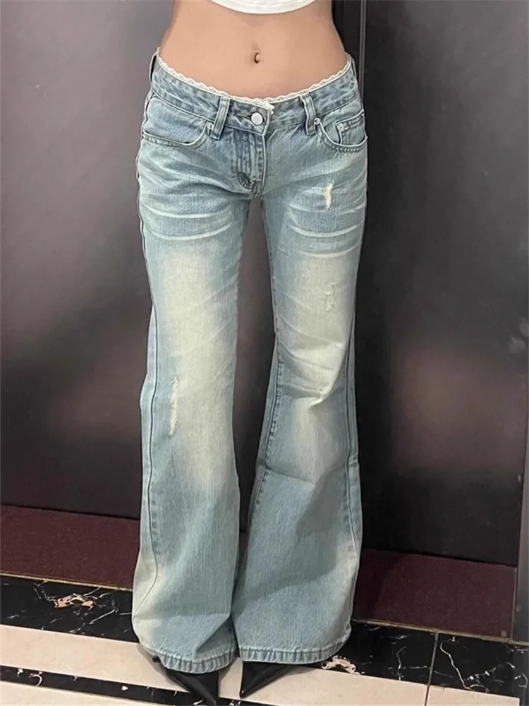 

American Style Sexy Girl Low Waist Light Blue Flared Jeans Women's Spring Autumn Slimming Long Floor Length Pants