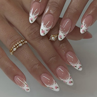 24pcs Press on Nails French White Flower Short Almond Removable Full Coverage Nail Tips for Women&Girl Removable Wearable Nail