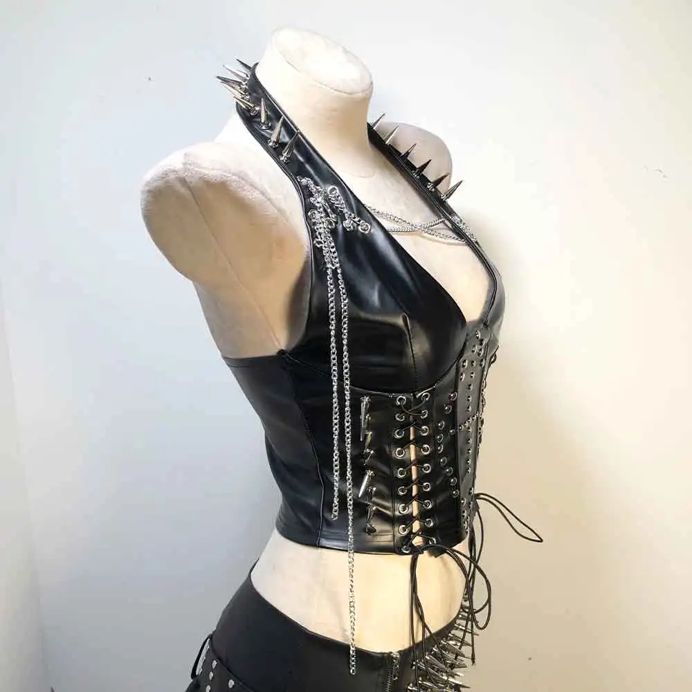 Goth Tops Punk Rock Clothes 2000s Gothic Tank Rave Grunge Festival PU leather Black Emo Clothing Spike Studded Y2K T-shirt