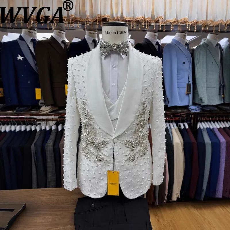 

WVGA Весна Осень Новый Мужской Прилив Жемчуг Модный Блейзер С Длинным Рукавом Нишевый Шикарный Повседневный Жилет Костюм Брюки Комплект из трех предметов Ins Y2K W13526