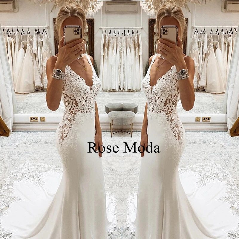 Rose Moda Deep V Neck Sheath Wedding Dresses with Lace Cut Out Train Destination Bridal Gown Custom Make