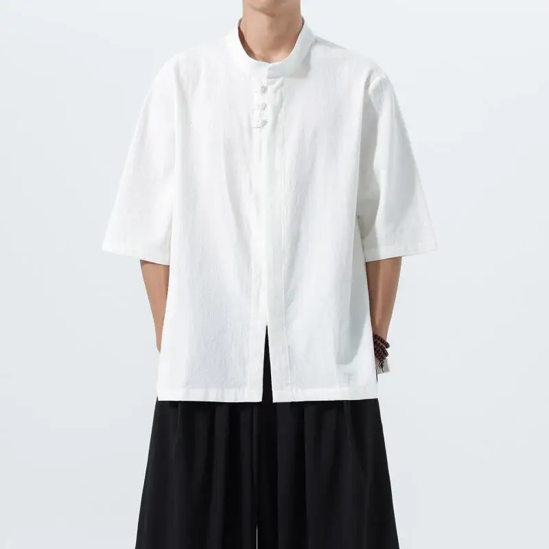 Men Vintage Button Tang Clothes Shirt Summer Linen-Cotton Mandarin Collar Hanfu Tops Tai Chi Morning Exercise Plus Sizeblouse