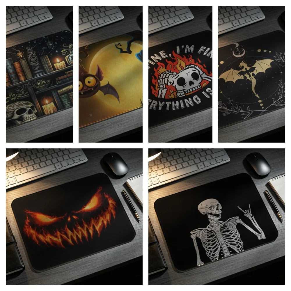 Halloween Skull Mouse Pad Non-slip Rubber Base Gothic Witch Bat Pattern Gaming Mousepad for PC Laptop Office Desk Decor