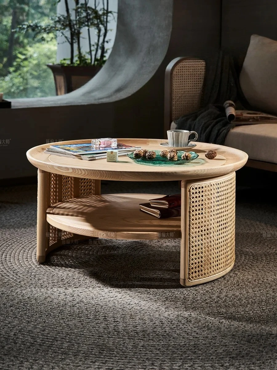 

Nordic round Coffee Table Japanese Modern Minimalist Retro Solid Wood Rattan Tea Table Art Design Small Apartment