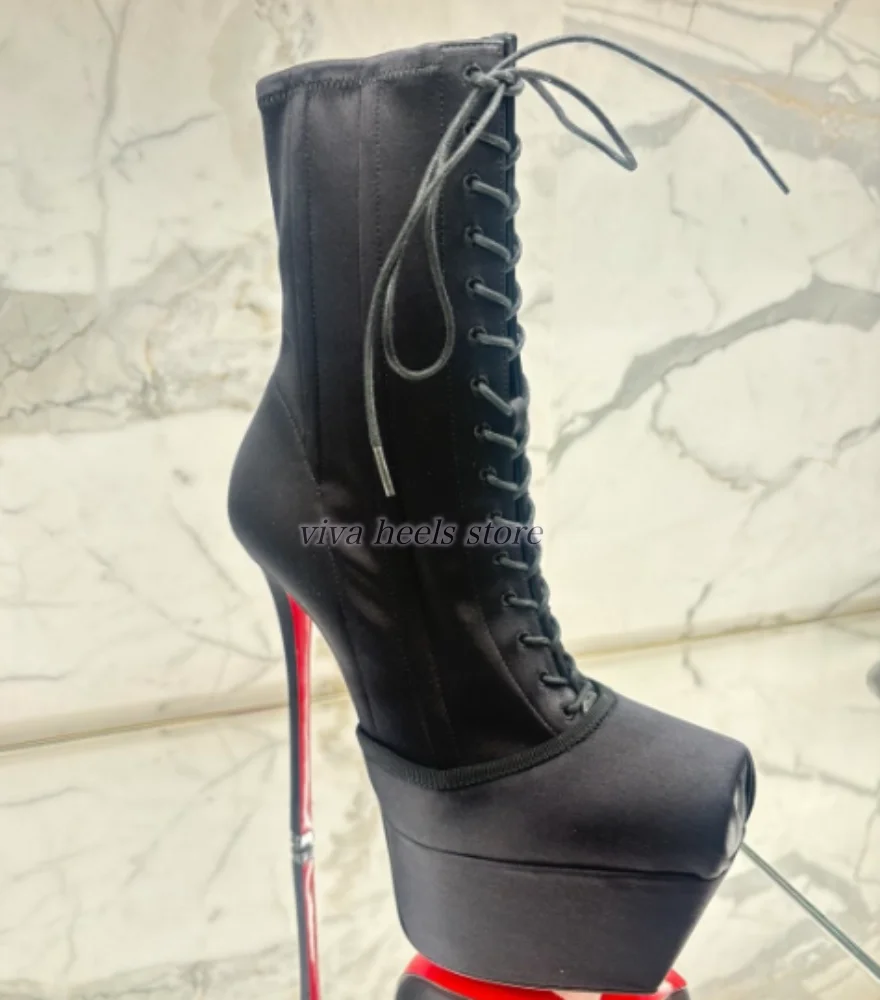 

Women's square toe black ballet bow platform ankle boots 2026 new in luxury high heels lace up satin booties party shoesdesigner