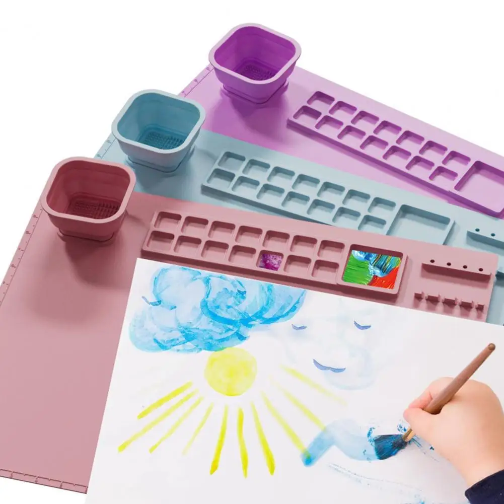 Silicone Painting Mat with Water Cup Brush Holder 14 Wells Washable Artist Kids DIY Painting Art Mat Drawing Supplies Kids Gifts image 3