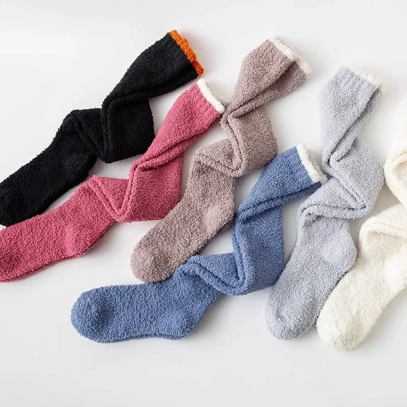 Overknee-Hohe Socken, Winter, warm, Korallen-Fleece, für Damen, Plüsch, Zuhause, Schlaf, Boden, lange Socken, JK, solide, weiche, oberschenkelhohe, lustige Socken – Detail 1
