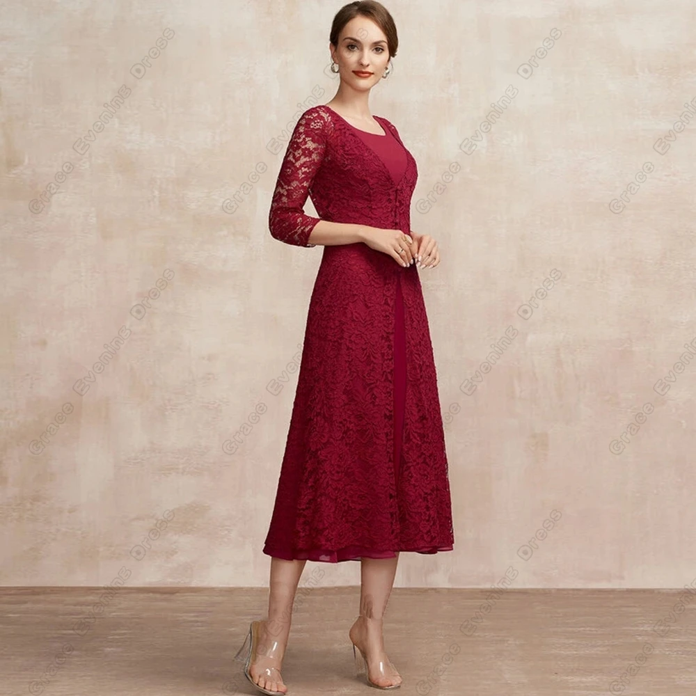 

Simple Burgundy Mother of Bride Dresses with Lace Three Quarter Wedding Party Gown 2023 Summer New Tea Length Vestido De Noche