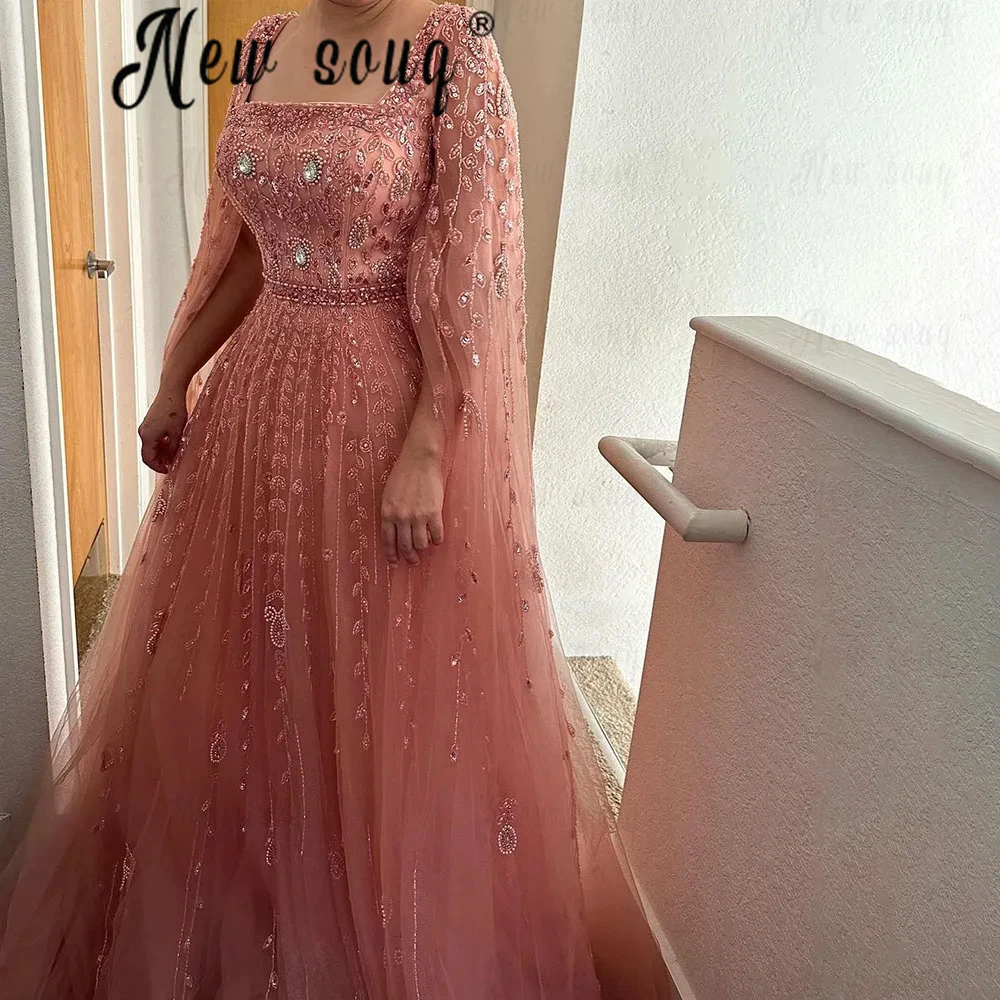 Luxury Pink Dubai A Line Evening Dresses for Women Wedding Square Neck Cap Sleeves Arabic Muslim Formal Party Gowns Plus Size ﻿