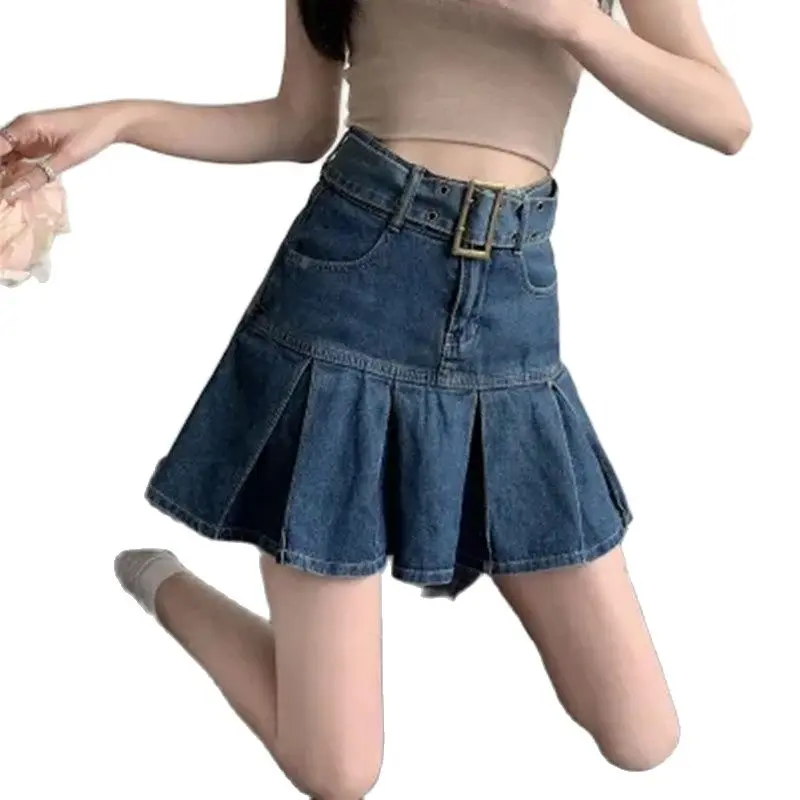 

Fashion Casual College Style High Waist Slim Goth Mini A Word Short Skirt Kawaii Hot Girl Denim Skirt Womens Pleated Skirt