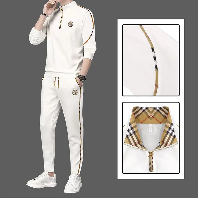 2024 new men's casual suit autumn new stand-up collar half zipper hot diamond trend pullover top pants jacket