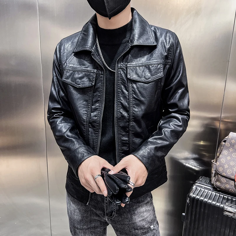 

Slim Fit ort Men's Leather Jaet S Size Sli Biker Coat Youth Casual Autumn Faion Brand Tagkita Straight Hem Zipper