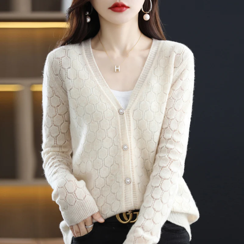 100% Pure Wool Women Cashmere Sweater V-Neck Fashion Hollow Cardigan Autumn Winter Casual Knit Solid Color Long Sleeve Tops