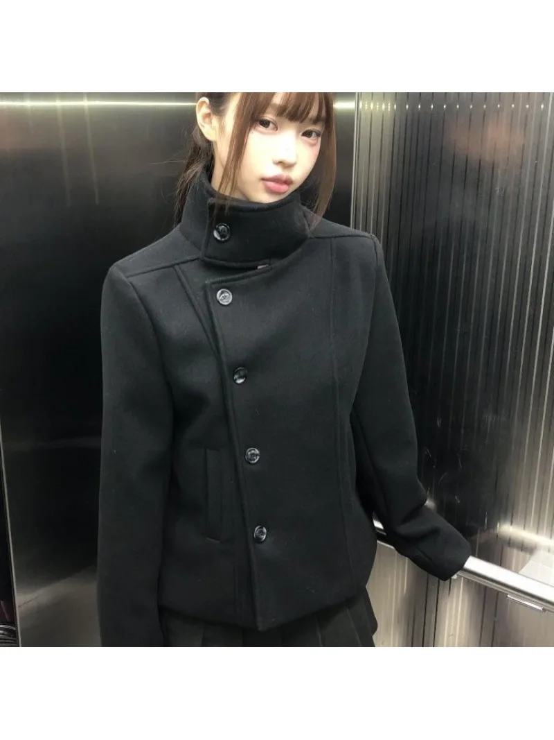 Vintage Black High Stand Collar Wool Pea Coat Women Double Breasted Cropped Dark Academia Winter Outerwear