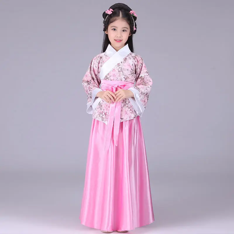 Chinesische Seidenrobe Kostüm Mädchen Kinder Kimono China Traditionelle Vintage Ethnische Fan Studenten Chor Tanzkostüm Hanfu
