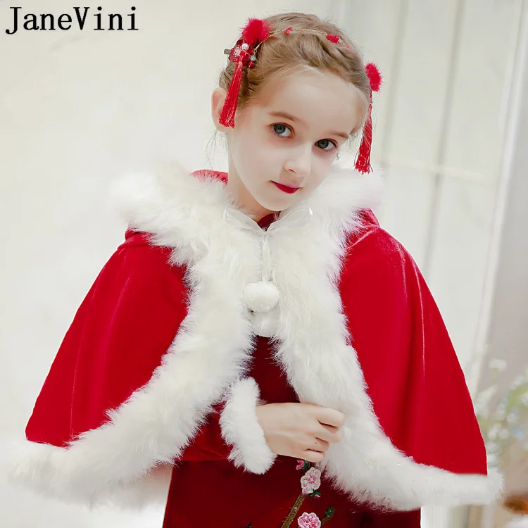 

JaneVini Girls Dress Cover Up Jacket Hooded Imitation Fur Shawls Christmas Red Faux Fur Shrugs Children Kids Wedding Capes Wraps