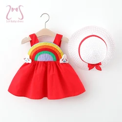 2 stücke Sommer Baby Mädchen Kleidung ärmellose Regenbogen Schlinge Kleid für Mädchen Neugeborenen Strand Kleinkind Kinder kleidung Set + Hut