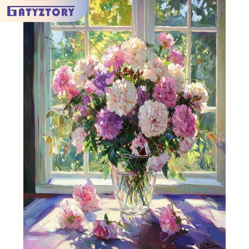 40x50cm Fensterbank-Blumen Malen nach Zahlen für Erwachsene Kunsthandwerk Landschaft Moderne Sets Marker nach Zahlen