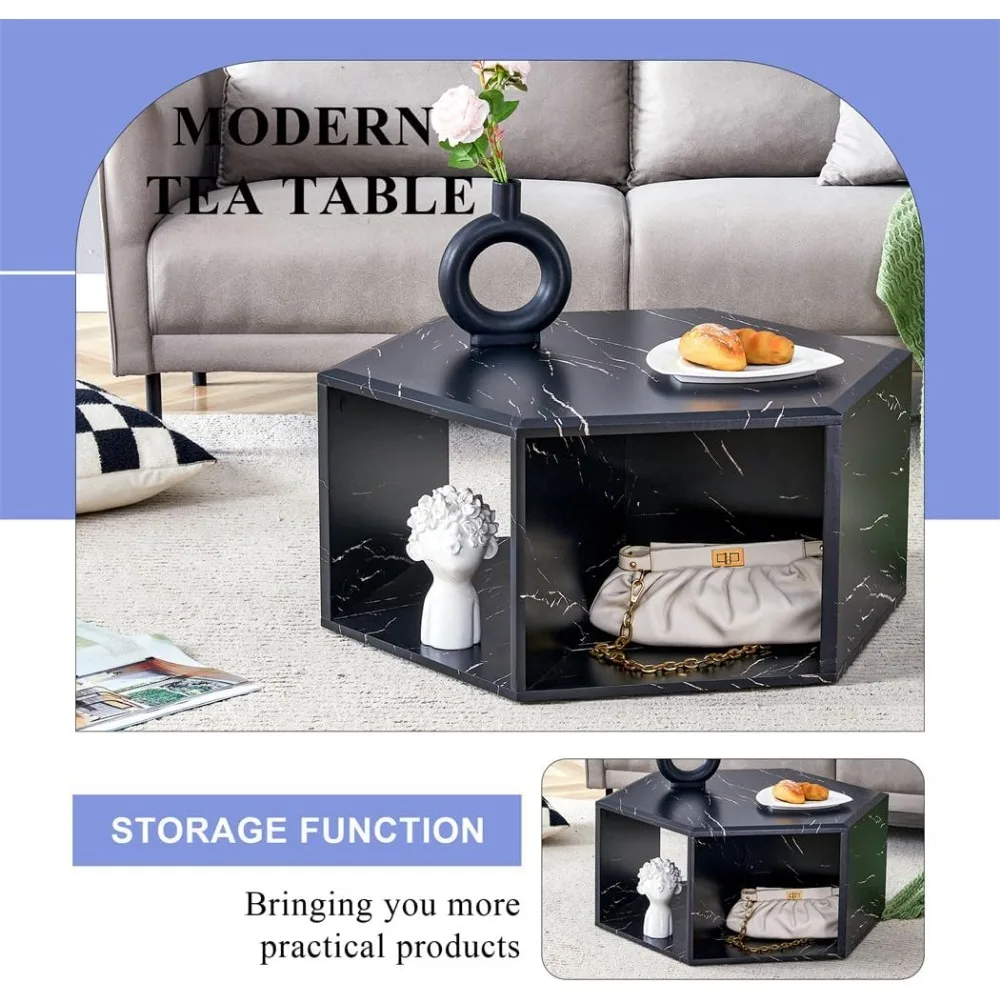Meja Kopi Marmer Imitasi Modern dengan Penyimpanan, Furnitur Ruang Tamu Hitam Berbentuk Heksagonal, Kompartemen Buku, Meja Aksen Dekoratif