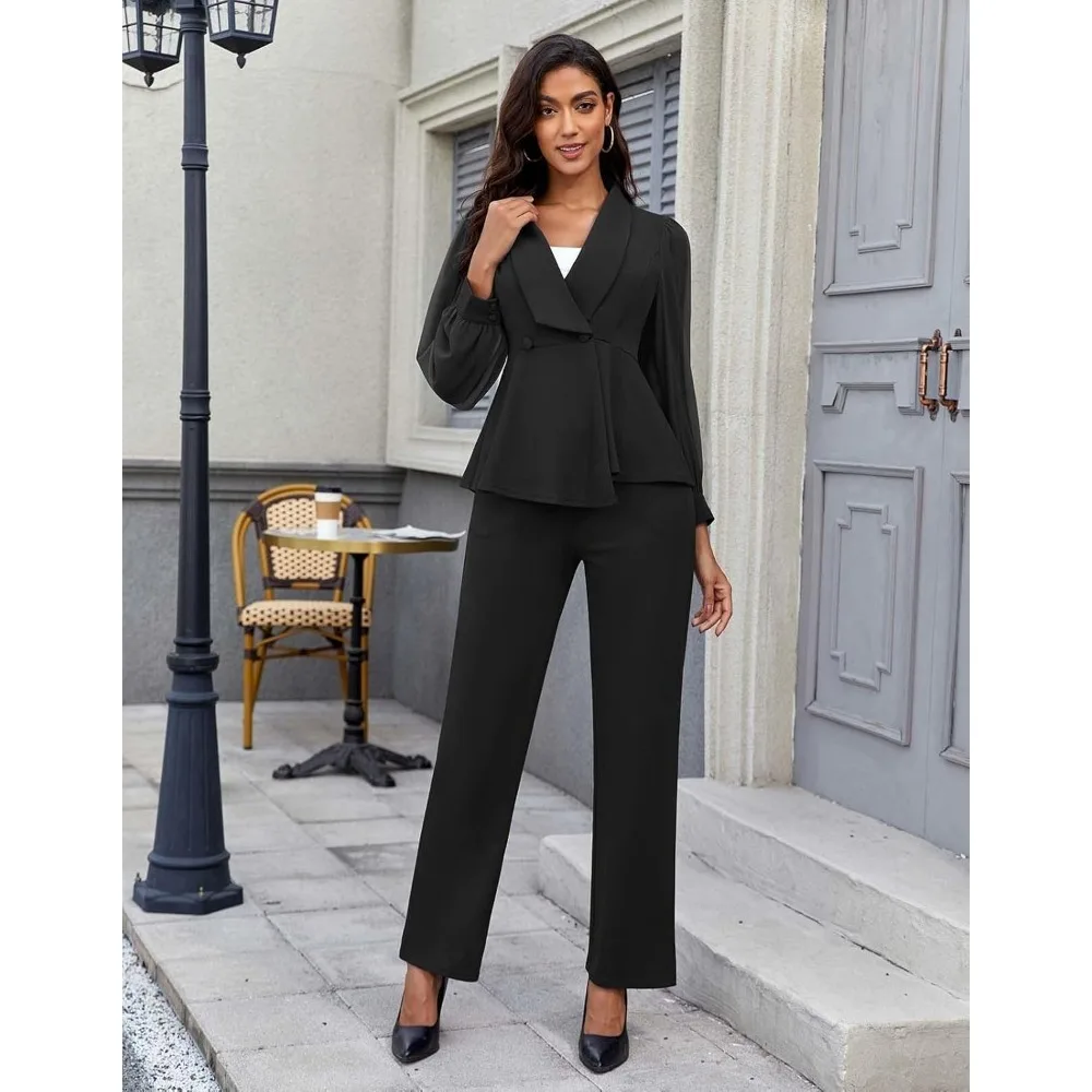 بدلات بناطيل للنساء، سترة مكشكشة بأكمام شفافة شبكية أنيقة، سراويل واسعة الساق، أطقم ملابس عمل غير رسمية