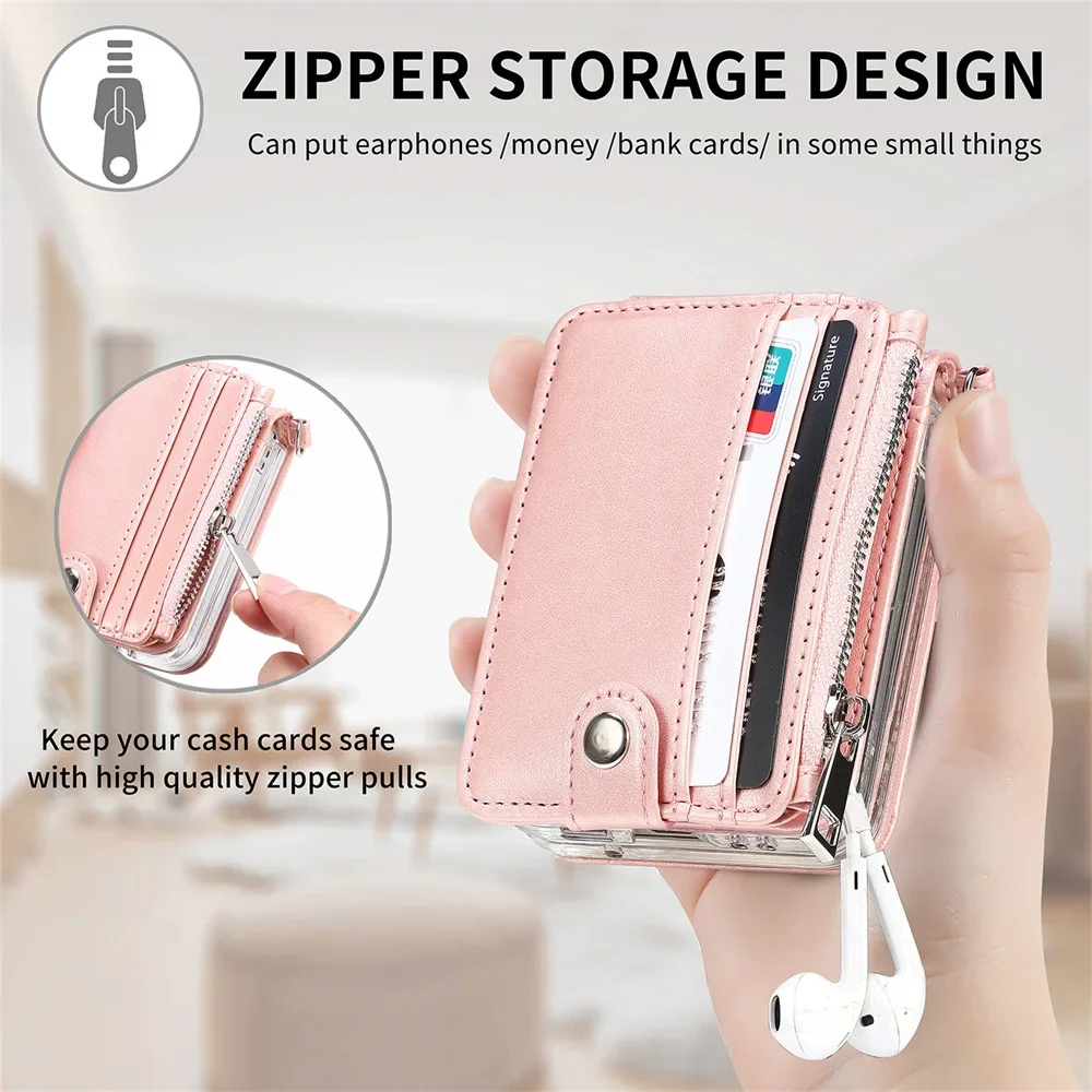 For Samsung Galaxy Z Flip 4 5 Luxury Leather Wallet Lanyard Case For Samsung ZFlip5 Z Flip4 flip4 5 Zip Card Bag Bracket Cover