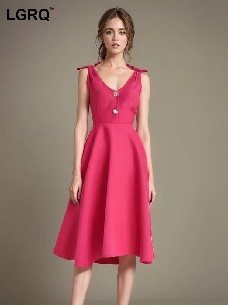 

LGRQ Women's V-neck Diamond Patchwork Dress Fashion Solid Color High Waist Evening Party Dresses Female 2024 New Clothes 3WQ9404