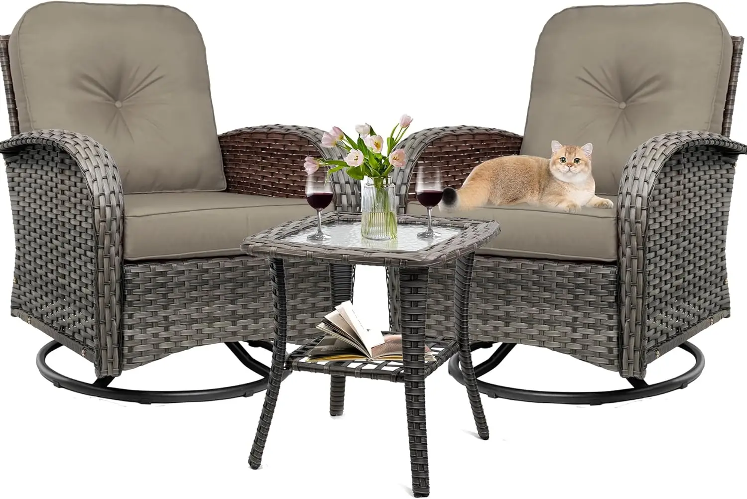 

Набор из 3 плетеных поворотных рокеров с подушками, 360 градусов ° Качалка, Открытый Сад Бистро Коричневый