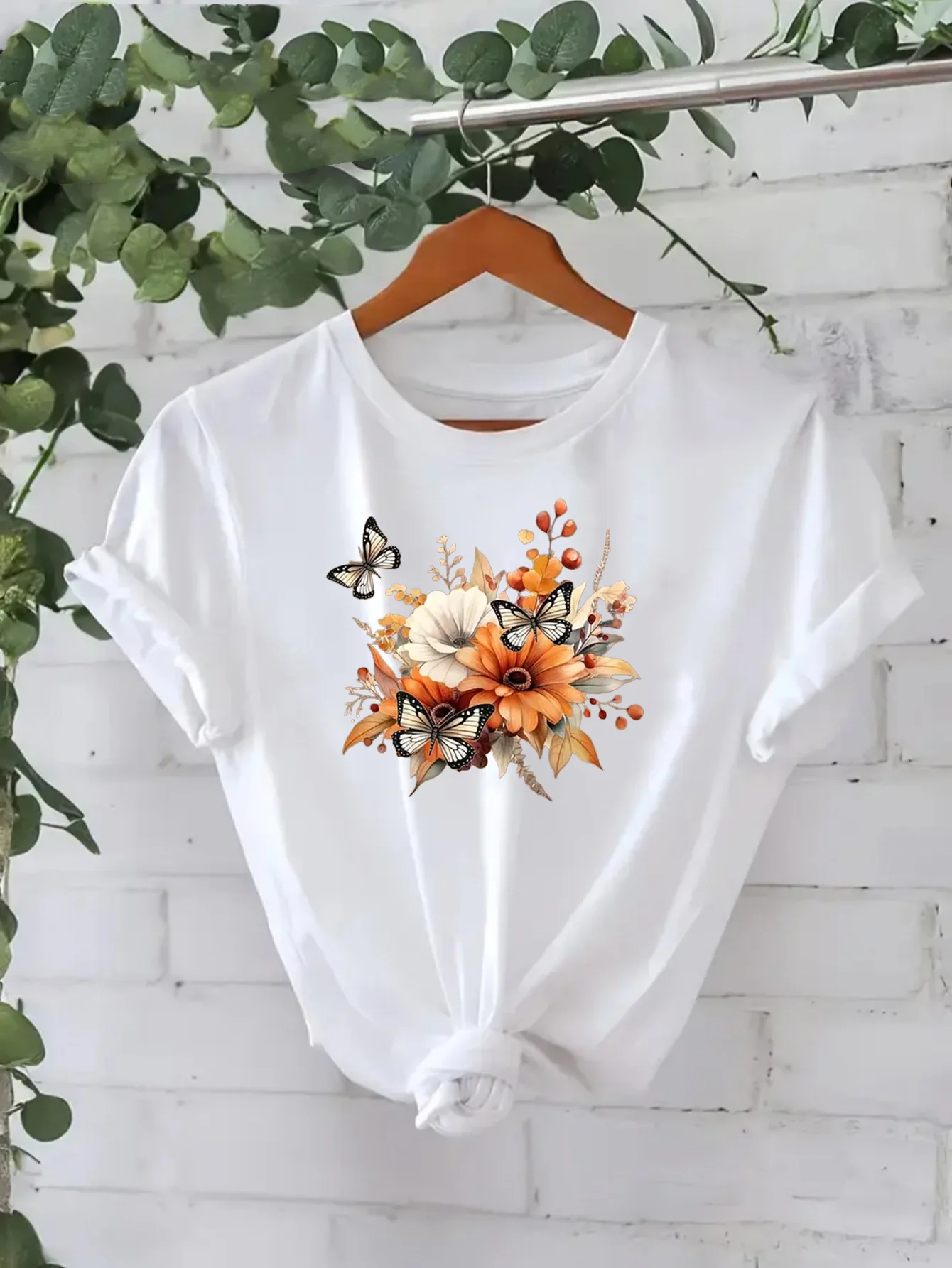 Women's Casual Short Sleeve Floral and Butterfly Pattern T-Shirt Christmas Gift Print Perfect Christmas Gifts Aesthetic Clothe