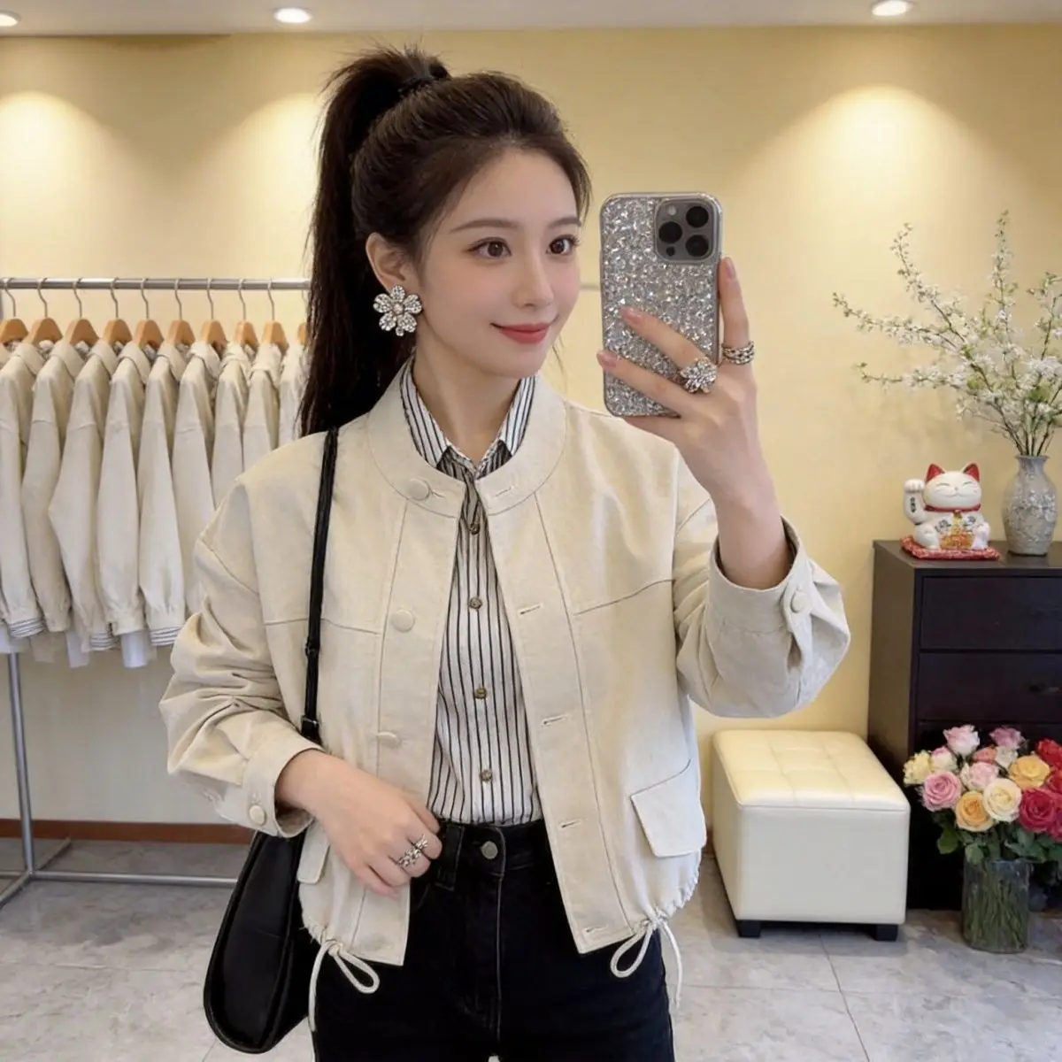 Fashionable Casual Short Jacket Women's Spring Autumn Workwear Stylish Stand Collar Slimming Top Polyester Fiber Long Sleeve