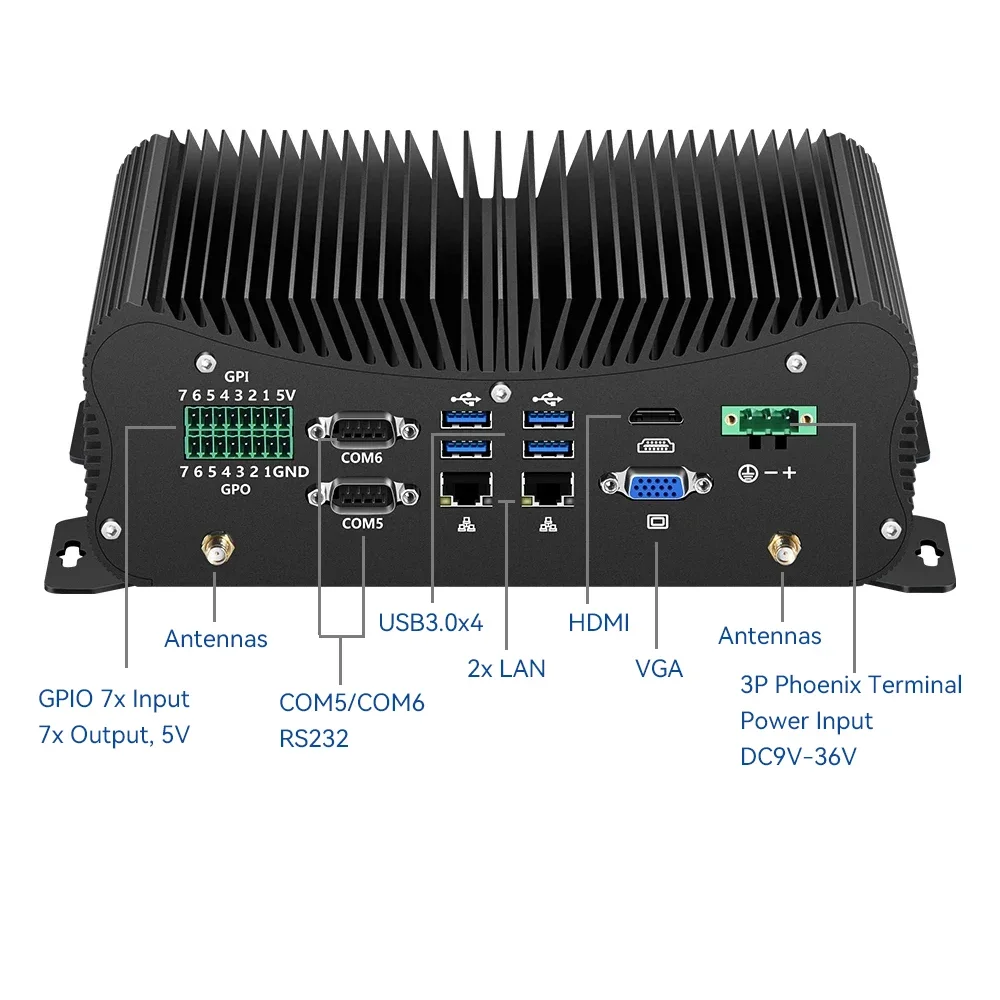 Industrial PC DC9V-36V Input Intel Core i7-1255U 10510U 6x COM 14xGPIO 2xLAN 6xUSB PS/2 HDMI VGA WiFi 4G LTE Win10/11 Linux